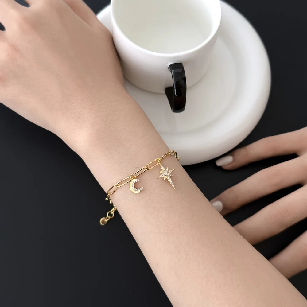 KAKODIY Exquisite Eight Point Star and Moon Chain Bracelet Adjustable Chain Shiny Cubic Zirconia Exquisite Women's Bracelet detail 6