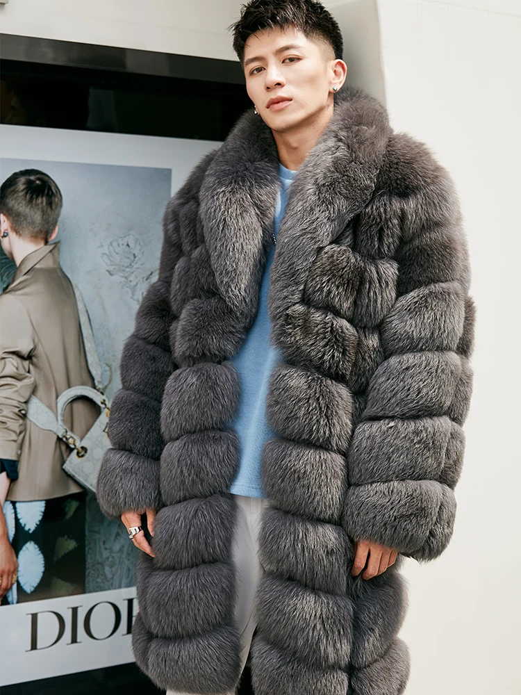 2022 New Arrival Fox Fur Shawl Collar Coats Soild Gary Color Durability and Comfortable Fur Long Coat Men
