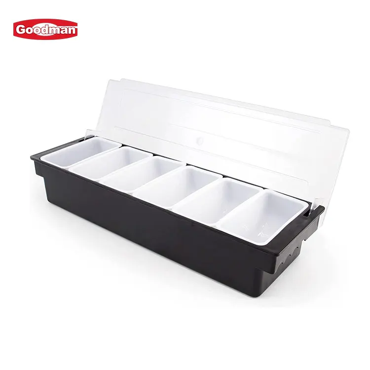 3/4/5/6 Compartments Transparent PC Ice Cooled Bar Snack Fruit Caddy Condiment Container Box Chilled Garnish Tray With Lid