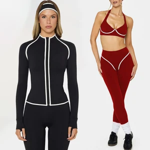 Women Color Blocked Halter Neck Sports Bra Stretch Long Sleeve Jacket Running Training Leggings Yoga 3 Piece Sets