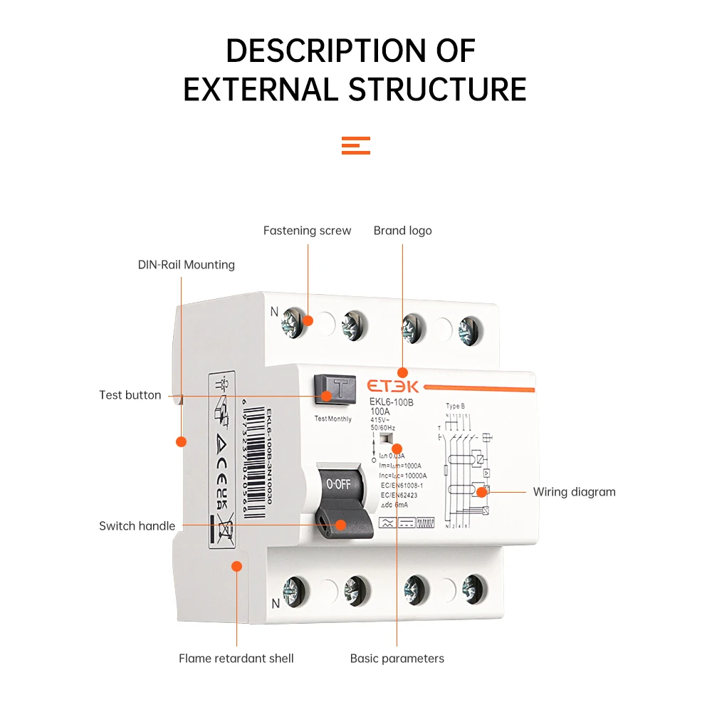 ETEK DCma6 Type B  RCCB  2P  40A 30mA  Rcd Type  Rccb Circuit Breaker Rccb Type B 10KA