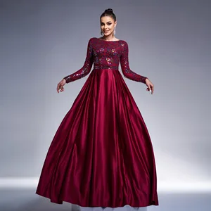Formal O-Neck Long Sleeve A-Line Maxi Sequin Muslim Clothing Elegant Luxury Modest Women's Dresses Evening Party Wear