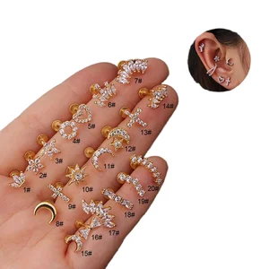 MW Geometric T-Shaped Earrings Stainless Steel Crown Crystal Ear Bone Stud Piercing Earring Body Threaded Labret Jewelry Bulk