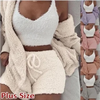2021 Plus Size Sleepwear Knit Fuzzy Velour Crop Top Loungewear Shorts Sets Velvet 3 Piece Lounge Wear Set Pajamas For Women Set