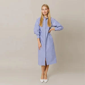 Clothing Manufacturer Custom Spring Summer Blue Polo Collar Long Sleeve Elegant Casual Cotton Women Shirt Dress