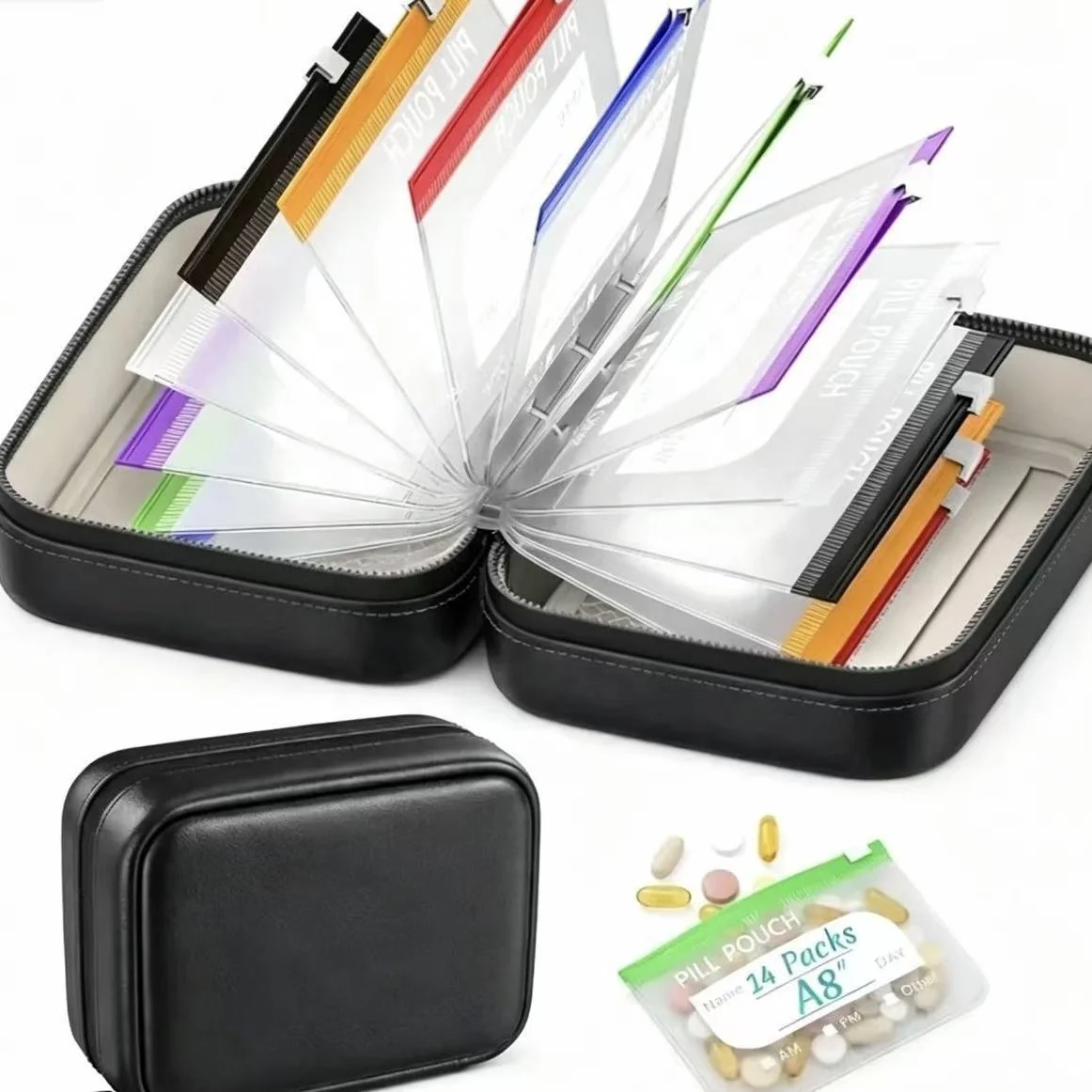 Portable Waterproof Food Grade Silicone Storage Bag with 14 Removable Color-Coded Pouches Travel Organizer