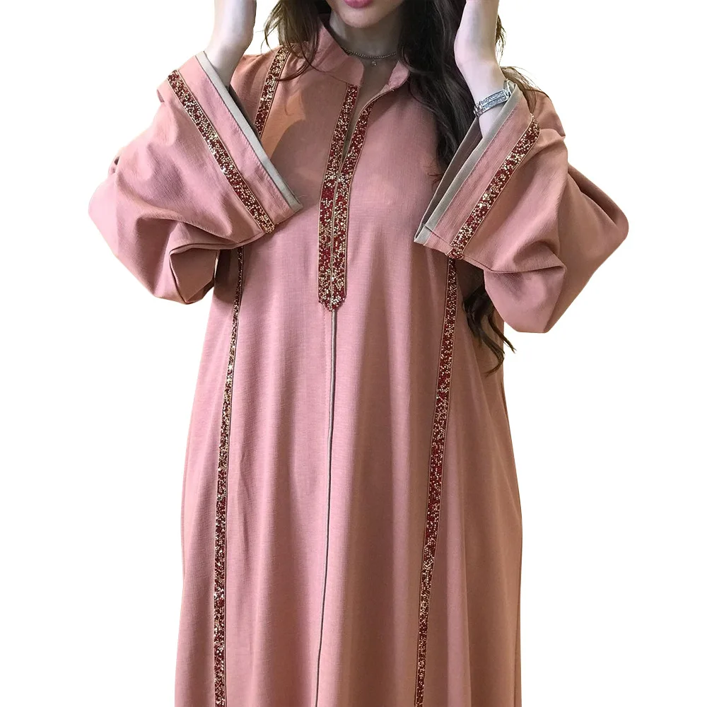 Dubai Middle East Simple Modest Kaftan Eid Jalabiya Women Muslim Dress Fashion Solid Diamonds Moroccan Caftan for Woman