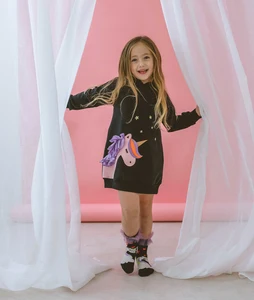 Funny Design Kids Clothes Unicorn Sweatshirts Dresses Knee Length Pullover Print Patchwork Sweatshirts ODM Children's Clothes