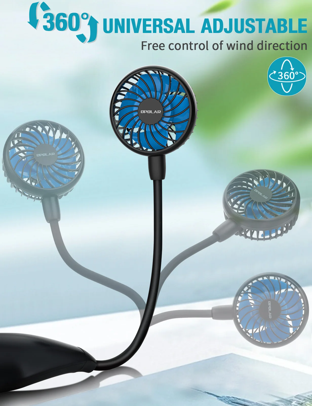 OPOLAR 9600mah Neck Fan Lasts 26hrs, Rechargeable Portable Fan