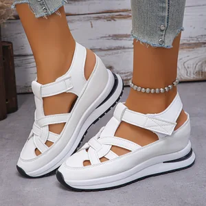 Women's white casual wedge sandals with hook and loop closed hollow upper spring and summer new Velcro hole shoes beach sandals