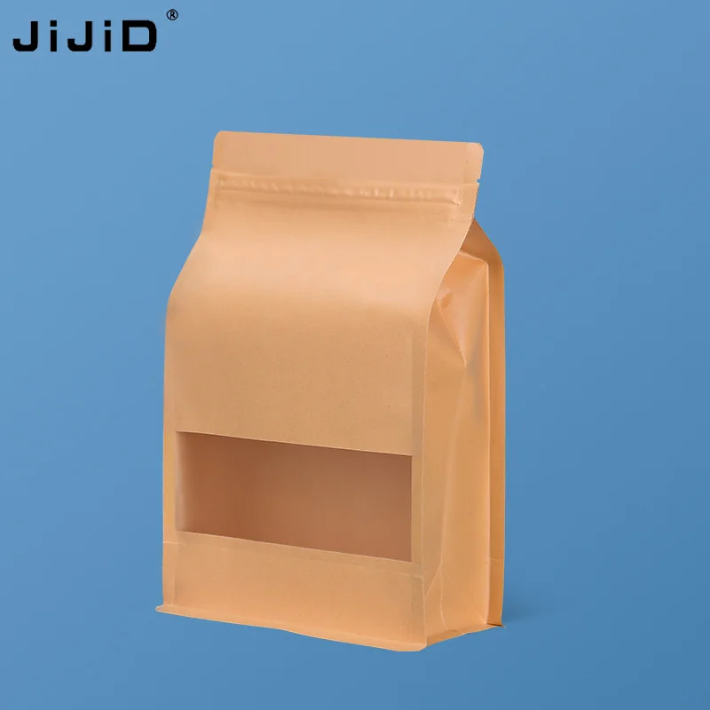 JIJID Custom Food Bag Stand up Bag Flat Bottom Ziplock Pouch Packaging Eight Side Sealing Frosted Bag With Window