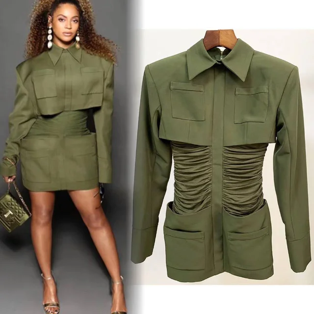 High quality Long sleeve pocket shirt dress mini dress olive green blazer street style ruched corset runway dresses