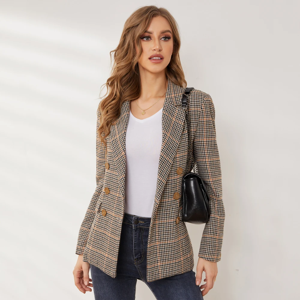 2021 Fashion Office Wear Double Breasted Blazer Vintage Long Sleeve 