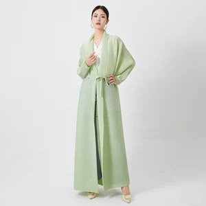 Factory Miyake Pleated Abaya Scarf Collar Belt Kaftan Robes Front Open Coat Women Plus Size Muslim Modest Abaya