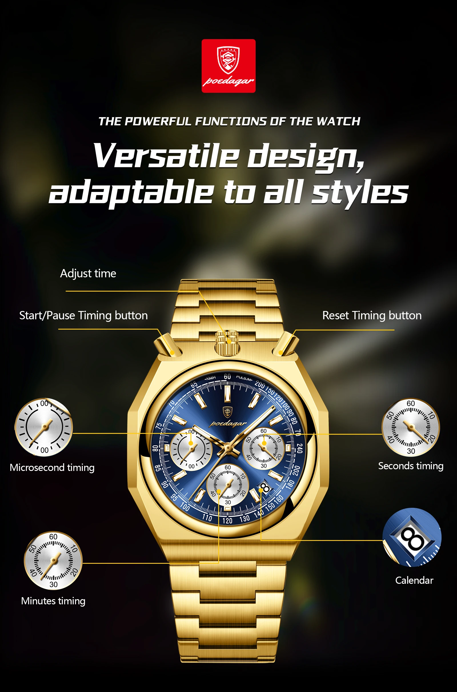 Poedagar 897 Chronograaf Heren Quartz Horloges Lichtgevende Wijzers Drie Ogen Wijzerplaten Mode Multifunctionele Lichtgevende Waterdichte Horloges