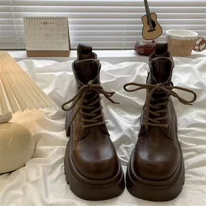 2026 Winter Short Tube Mid Heel (3-5cm) Front Lace-up Round Toe Faux Short Plush  Boots