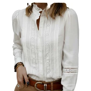 TEMU Cross-Border European American 2025 Spring Autumn New Elegant Literary Style Lace Patchwork Stand Collar Puff Shirt Women