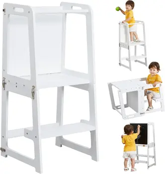 4-in-1 Safety Learning Tower & Kitchen Assistant Stool for Toddlers 1-6 Years Includes White Chalkboard Desk Table & Chair