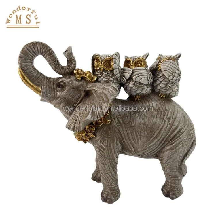 Gift Animal Resin Stack Figurine with Elephant and three owls for your home living room bed room office and hotel decoration