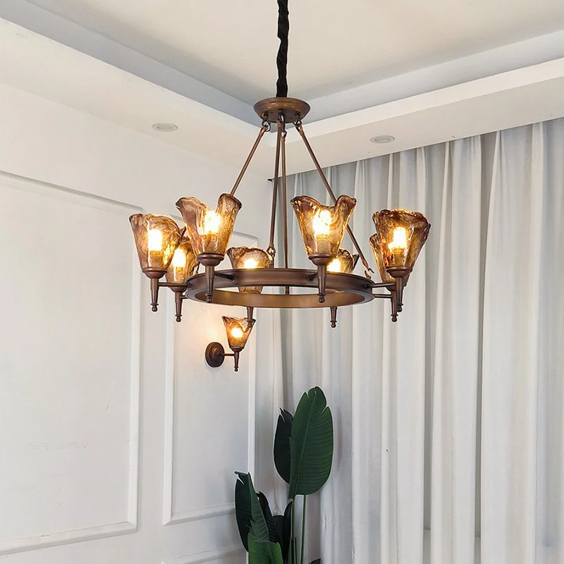 Lampu Gantung LED Bergaya Vintage Amerika dengan Bahan Besi dan Kaca untuk Ruang Tamu, Hall, Kamar Tidur, serta Ruang Makan, Lampu Mewah