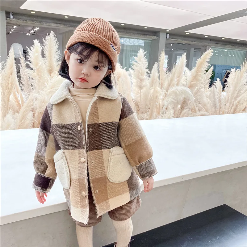 Клетчатая зимняя детская одежда на осень, пальто с длинным рукавом для девочек, куртка, Детская плюшевая теплая куртка для девочек