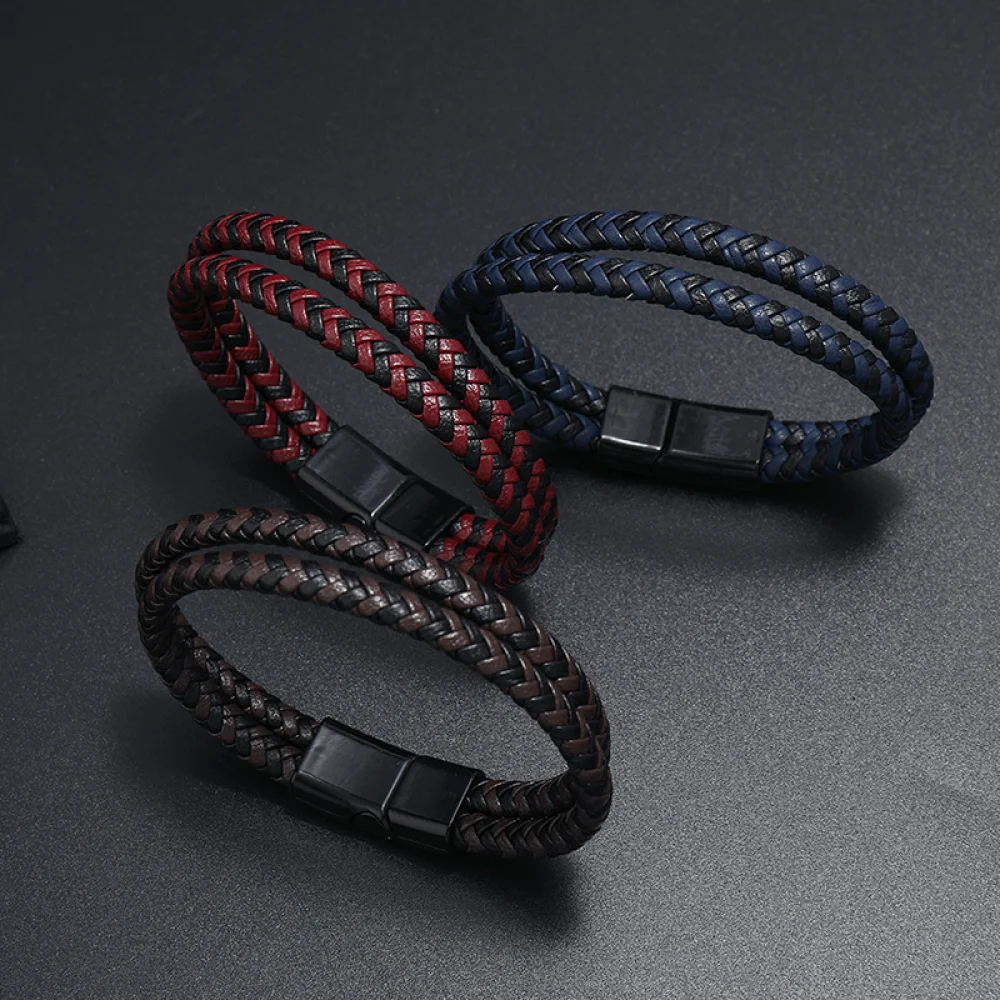 FOCALOOK Men's Magnetic Clasp Leather Bracelet - Black Braided Microfiber Cord, Stainless Steel, 7.48" Or 8.27" Length