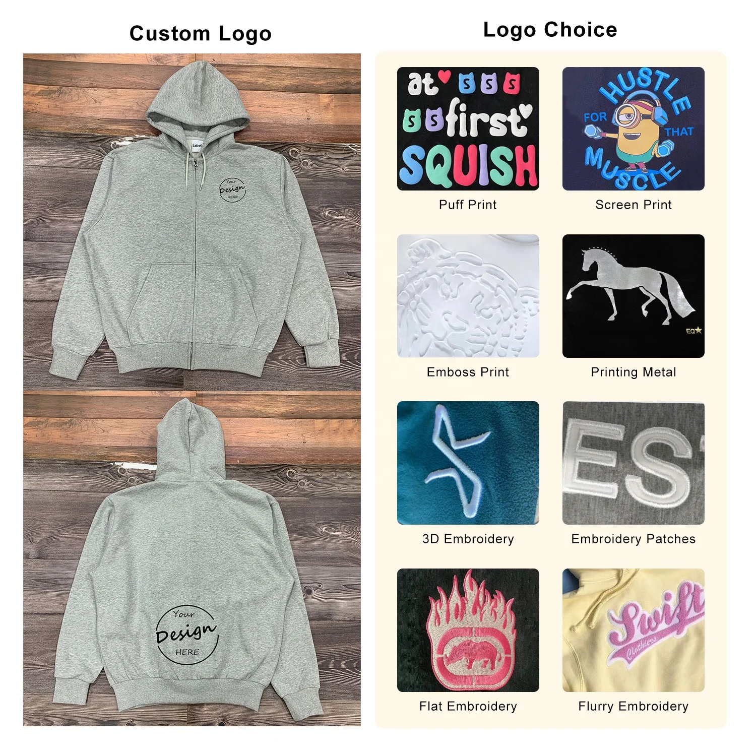 JL123C Factory Men’s Full Zip up Hoodies 500 Gsm Cotton Heavyweight Designer Pattern Embroidered Thick Hoodies Men