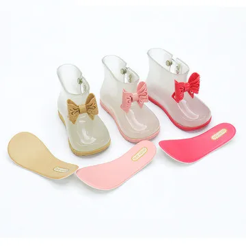 
Весна-Осень 2020, новый дизайн, водонепроницаемые Прозрачные блестящие детские дождевые сапоги из ПВХ с бантом 