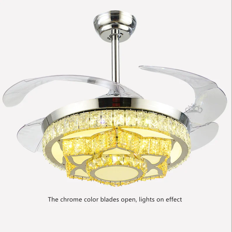 42inch  ceiling fans with light crystal led chandelier fixture retractable blades remote control led ceiling fan