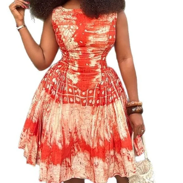 Women's African Print Sleeveless Fit & Flare Mini Dress - Tie-Dye Ethnic  Party Gown Dresses Sehe Fashion