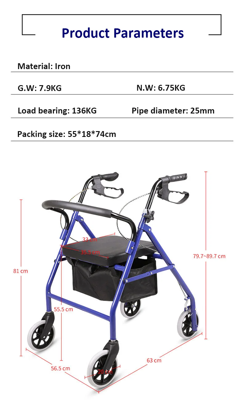 adult manual adjustable height four wheels folding aluminum mobility drive medical forearm walker rollator with seat details