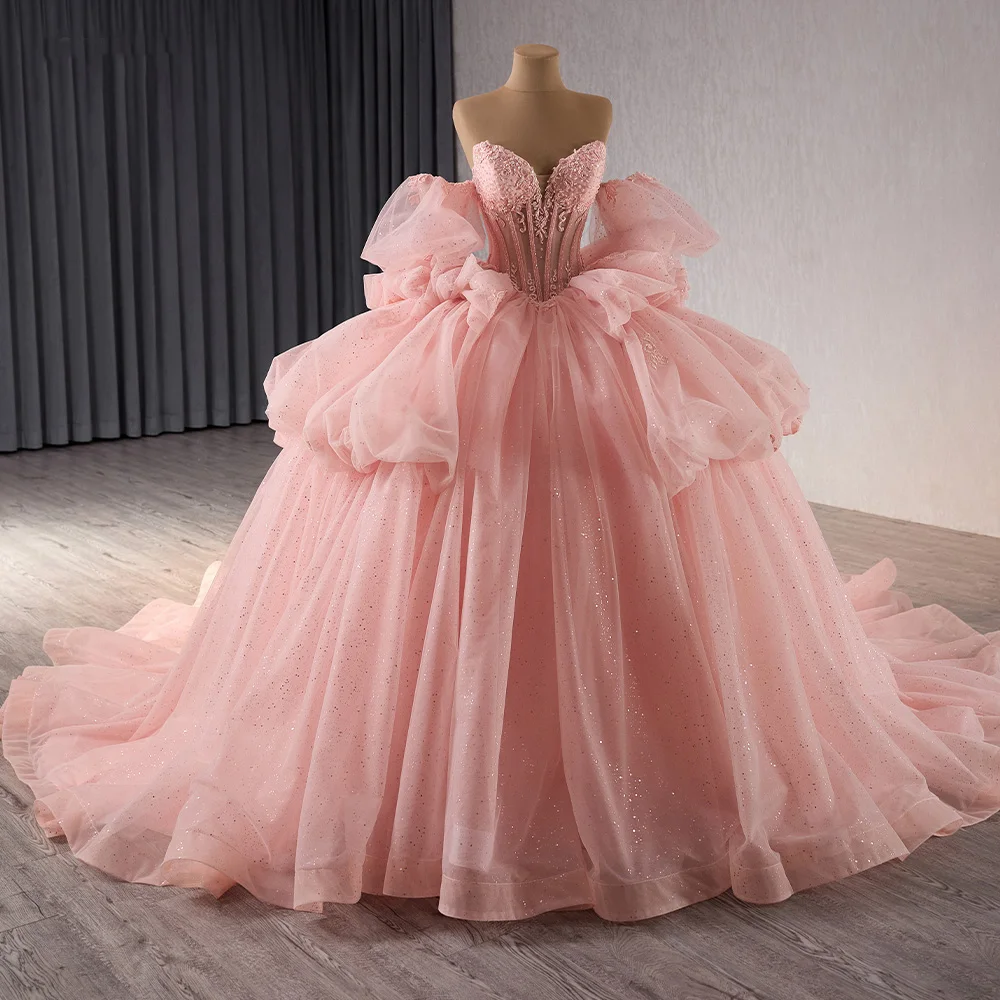 Pink Glitter Pearls Quinceanera Dress with Puff Sleeves | Sweet 15/16 Ball  Gown for Elegant Birthday Celebrations