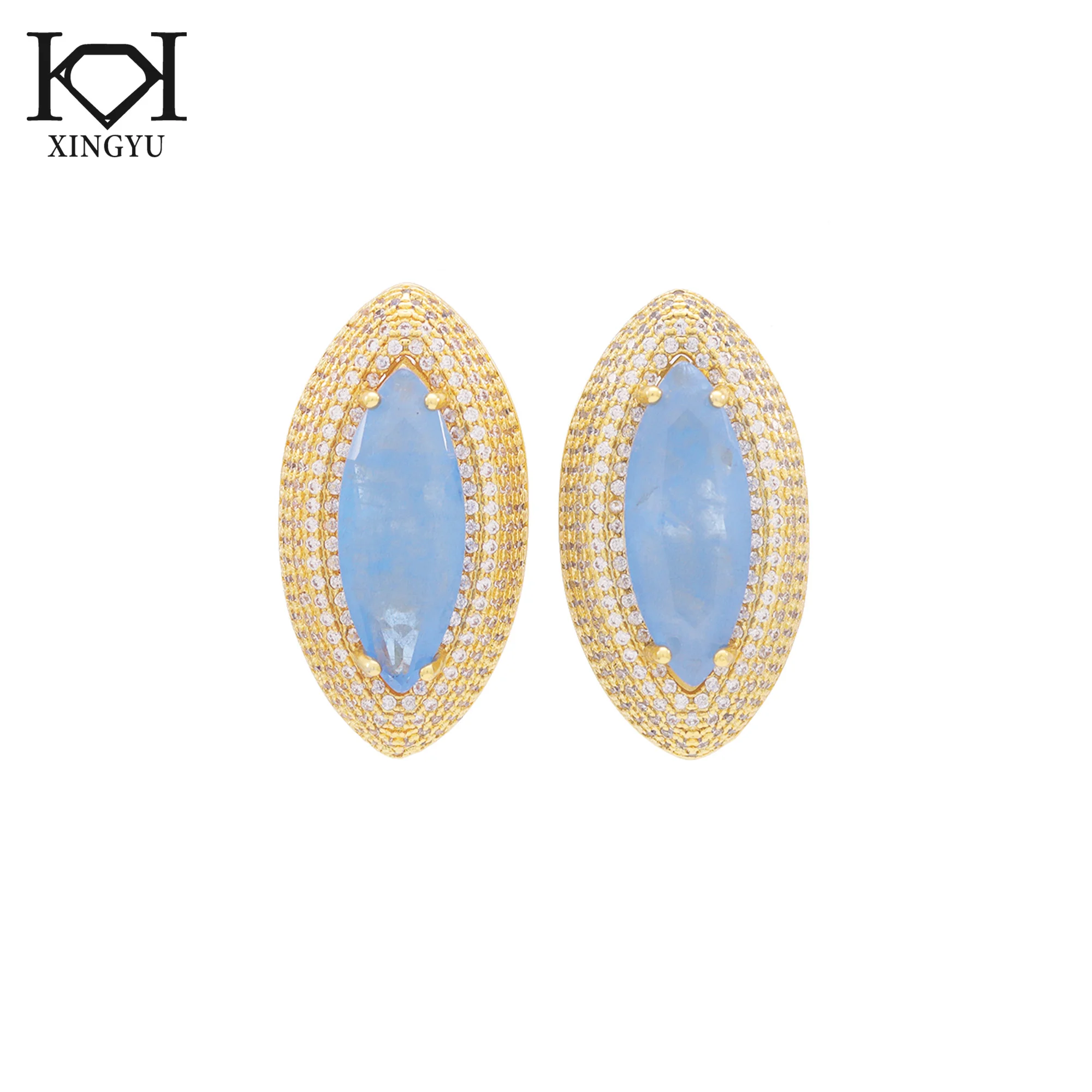 Luxury Marquise Cut Semi - Precious Stone Jewelry Blue And Pink Stud Earrings