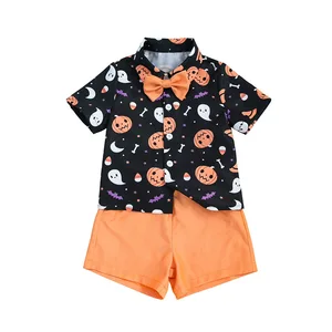 Europe and America Children Clothing Halloween Boy Clothing Sets Printed Pumpkin T-shirt Shorts Party Gentleman Suit
