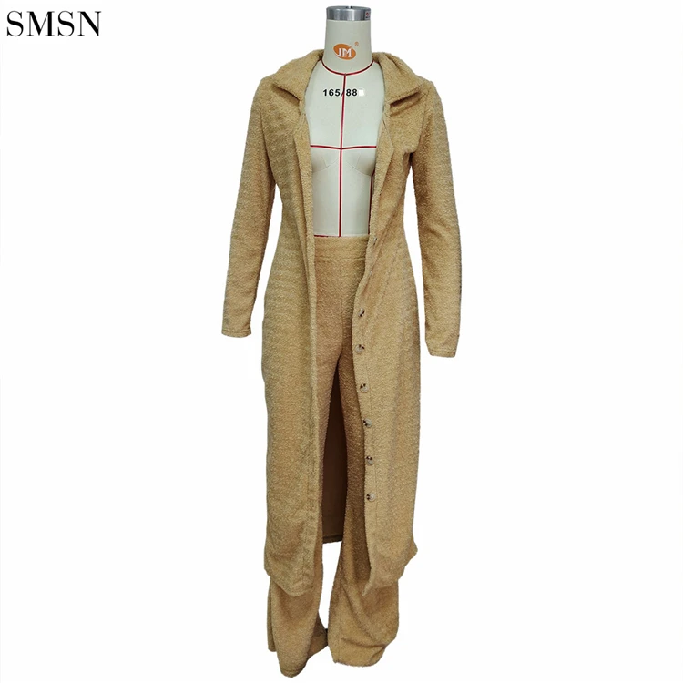 Best Design Solid Color Plush Long Coat Casual Suit Wholesale 2 Piece Set Women Clothes 2 Pice Women Sets