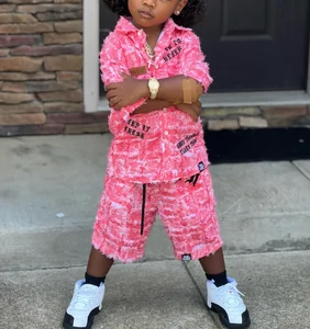 Wholesale Kids Summer Clothing Set Polo Shirt and Shorts Set  Streetwear Jacquard Print Clothing Manufacturers Custom Kids Suit