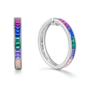 925 Sterling Silver Post Earrings with Trendy Rainbow Cubic Zirconia 30/25/20/15mm Gold Plated with Main Stone for Engagement