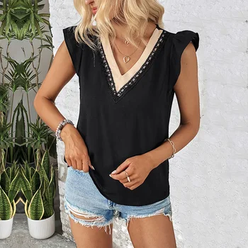 Amazon wholesale 2024 summer new European and American fashion women's color-blocked V-neck tops