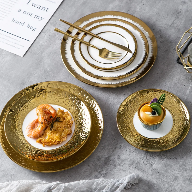 Wholesale Country Style Gold Rim Dinnerware Sets Porcelain Luxury Tableware  Charger Dinner Plate