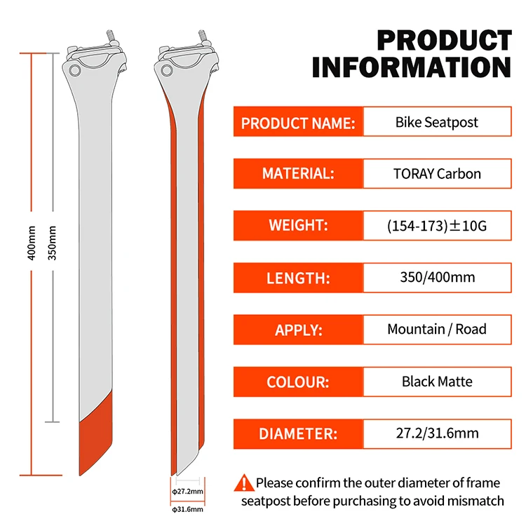 Tige De Selle Carbone 400mm - Diamètres 27.2 & 31.6mm - Pour VTT & Vélo De Route - Neuf