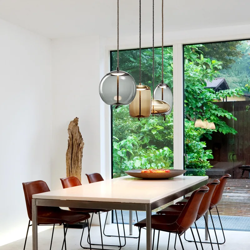 Simple Twisted Rope Glass Led Pendant Light Creative Smoke Gray Glass Kitchen Restaurant Chandelier