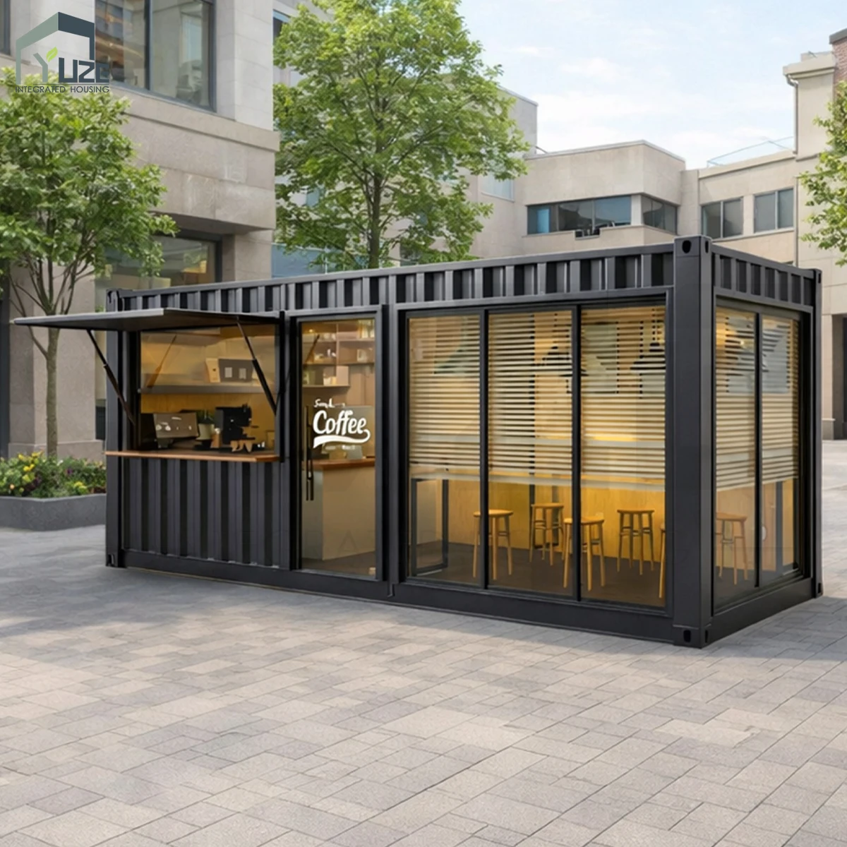 Commercial Prefabricated Houses Modular Portable Container Coffee Kiosk Shop with Canopy Roof Design