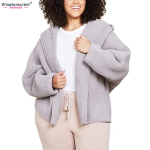 Custom Knitted Cardigans Sweater Ladies Hooded Rib Microfiber Soft Warm Dolman Sleeves Plus Size Fuzzy Oversized Cardigan Women