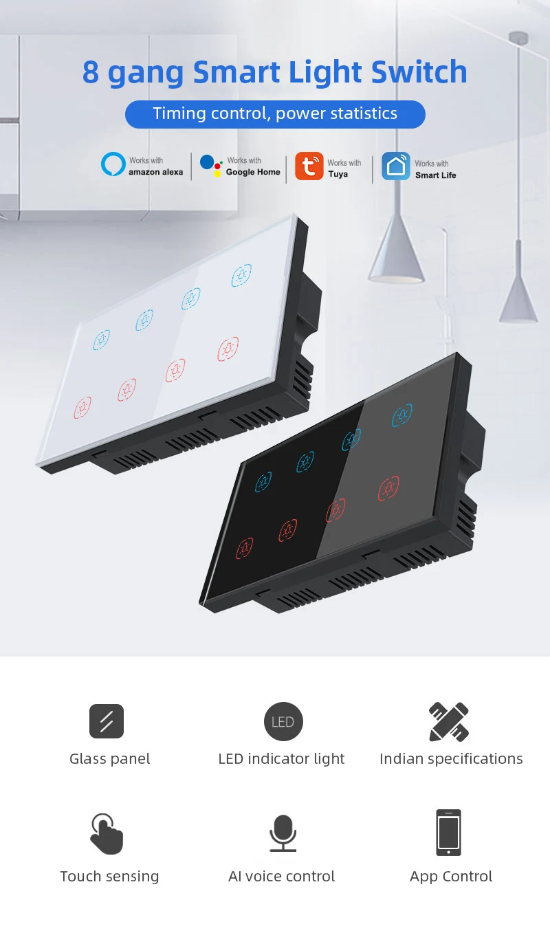 8Gang Intelligent Touch Switch WiFi Supports Alexa, Google Assistant, Tuya APP to Control Light Switch UK Standard