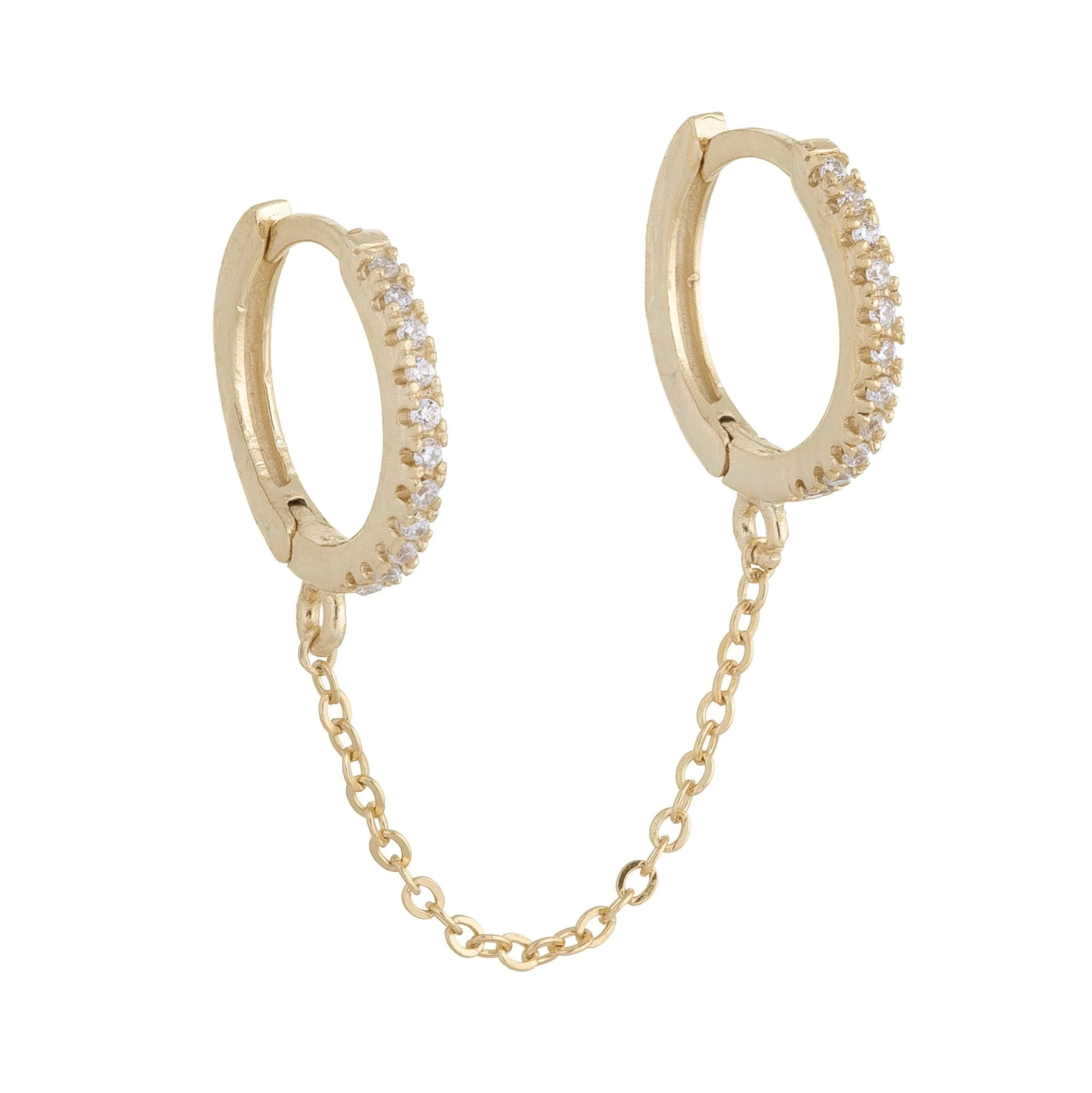 Promotion 2 Hole Double Piercing Mini CZ Circle Hoop with Chain Earring