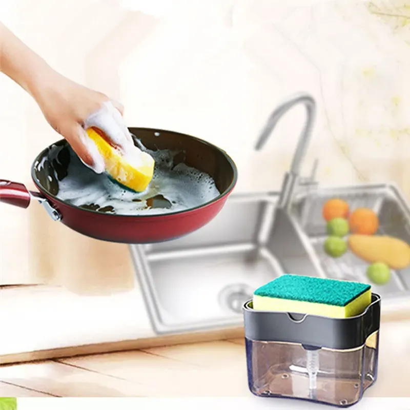 Creative 2 in 1 Manual Press Dish Soap Dispenser With Sponge Bathroom Wash Holder Box Kitchen Pump Liquid Soap Dispenser