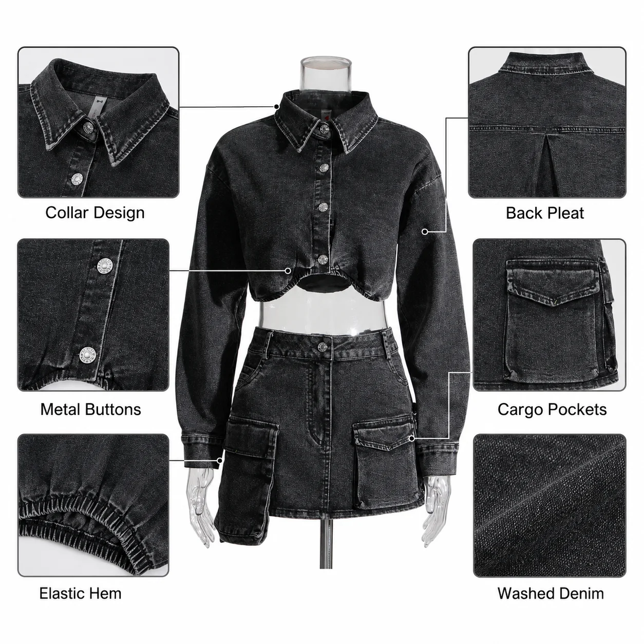 High Quality Women's Denim Jacket Outfits Stretch Cotton Crop Jacket Shorts Solid Knee Long Matching Two Piece Jeans Skirt Set