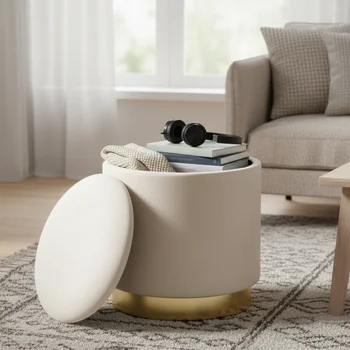 Modern Luxury Velvet Fabric Gold Metal Base Round Ottoman Cylinder Pouf Stool for Home Living Room Hotel Office
