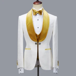 Cenne Des Graoom the Fashion Men Suit Turkish Wedding - Slim Ivory White Jacquard Fabric Flannel Collar 4-piece Set