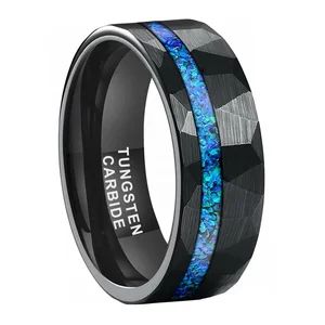 Coolstyle Jewelry 8mm Black Hammered Tungsten Finger Ring for Men Women Fashion Engagement Wedding Band Genuine Blue Opal Inlay